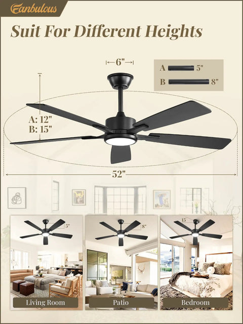 Slick 52 Inch Ceiling Fan With Flat Out Bright Light Smart App Control Dimmable Lamps showing different mounting heights in living spaces.