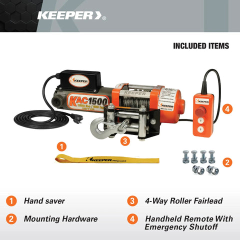 Electric Winch 1500 Lb Capacity With Remote Control, 110/120V AC Power, Handheld Controller, Easy Install Mount Kit