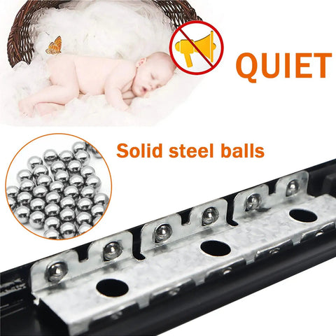 Heavy Duty Drawer Slides And Table Extension Rails, Two-Section Stretching, Thick Cold-Rolled Steel, Ultra Strong 50kg Per Pair, Quiet Cushioned Rails With Rubber Pads And Ball Bearings, Rust-Resistant, Durable Build; steel ball slide close-up