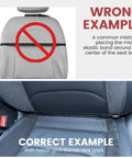 Car Seat Organizer And Backseat Protector With Waterproof Leather Kick Mats, showing correct and incorrect installation examples.