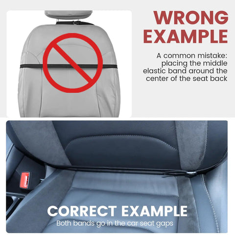 Car Seat Organizer And Backseat Protector With Waterproof Leather Kick Mats, showing correct and incorrect installation examples.