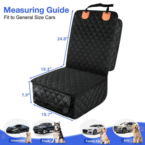 Two Pack Front Seat Cover For Cars, Trucks, SUVs And Jeeps, Full Protection Dog Car Seat Cover With Side Flaps, shown with dimensions