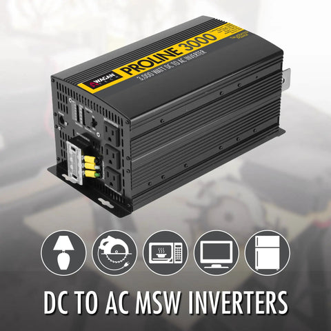 Plug And Play Heavy Duty 10000 Watt Power Inverter With Remote converts 12V DC battery to standard 120V AC outlet, showing a robust inverter design.