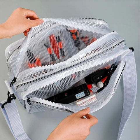 Killer Protective Clear Crossbody Tool Bag For Cleanroom Engineers Featuring Sick Storage And Secure Computer Carrying With Smooth Adjustable Straps That Are Zero Hassle showcasing open compartments with tools.