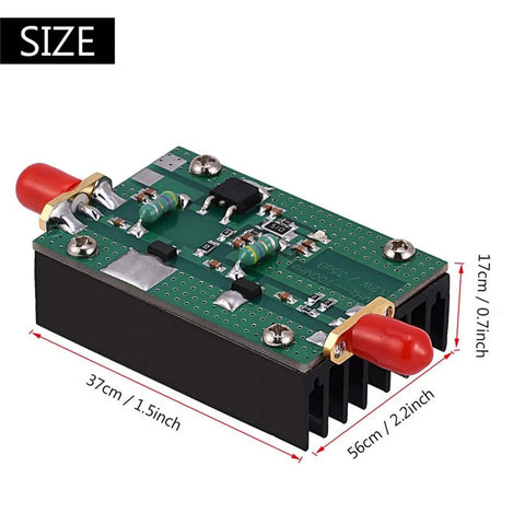 Beefy Ham Radio RF Power Amplifier Module From 1 MHz To 700 MHz Delivers Up To Three Point Two Watts Output For HF VHF UHF Transmitters Compact 37 By 56 By 17 Millimeter Size Built Tough For Reliable Signals On DIY Projects, showing dimensions and connectors