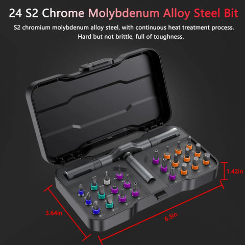 24 In 1 Magnetic Screwdriver Set With Detachable Handle And Ratchet, shown open with bits and handle inside black case