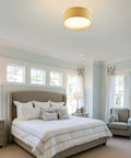 Modern 3 Light Flush Mount Ceiling Light With Fabric And Acrylic Double Drum Shade In Flaxen Delivers Cozy Warm Glow For Bedroom