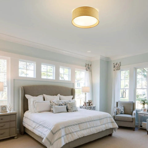 Modern 3 Light Flush Mount Ceiling Light With Fabric And Acrylic Double Drum Shade In Flaxen Delivers Cozy Warm Glow For Bedroom