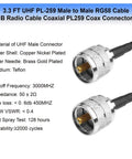 RG58 Coax Cable 3Foot PL259 Male To Male UHF Antenna Wire with brass connectors and tin copper core, 50 ohm low loss.