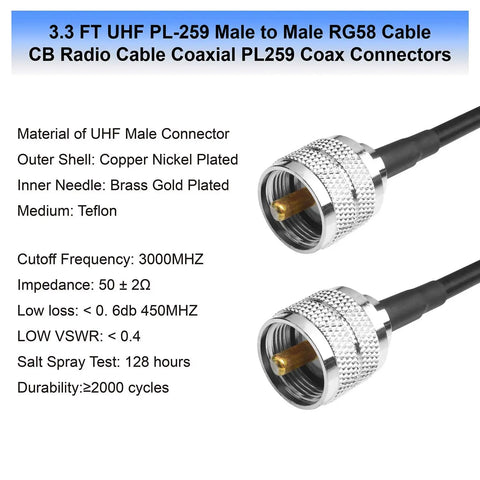 RG58 Coax Cable 3Foot PL259 Male To Male UHF Antenna Wire with brass connectors and tin copper core, 50 ohm low loss.