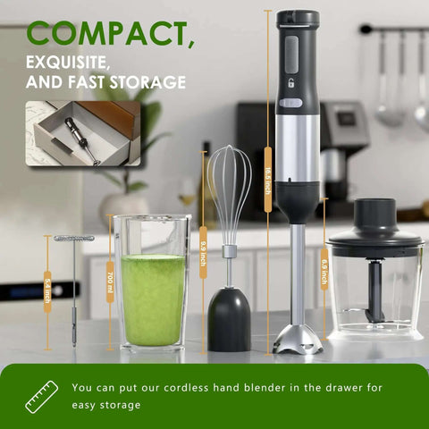 5-In-1 Cordless Immersion Blender With Rechargeable Battery Slick Handheld Mixing Wand For Soups And Smoothies Zero Cords Attached Wireless Tool For Fast Prep At Home Or On The Go Durable Compact Go Ready Pick in kitchen setting with sizes labeled.