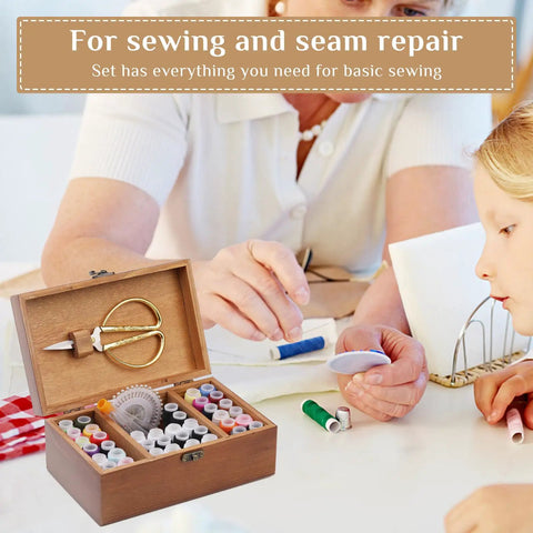 All In One Sewing Kit With Wooden Box For Travel And Grab And Go Emergency Fixes Includes Scissors 24 Color Thread