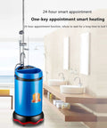 No Sweat Portable Electric Shower With 60 Liters Heated Water Tank in blue, showcased in a modern bathroom setting for RV or home use.