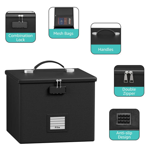 Heavy Duty Fireproof Document Box With Handle Portable Waterproof File Organizer showing lock, mesh bags, and anti-slip design.