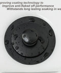 Matte Black Lift and Turn Tub Drain Stopper Kit with water droplets, top view, in bathtub, focus on durability features.