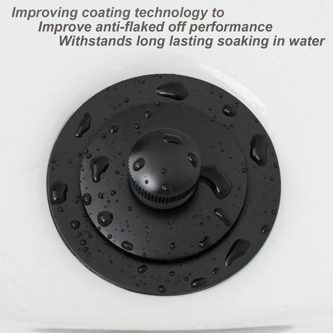 Matte Black Lift and Turn Tub Drain Stopper Kit with water droplets, top view, in bathtub, focus on durability features.
