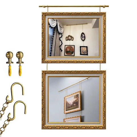 Adjustable Picture Rail Hanging System With Brass Chain Hooks No Damage Wall Track For Gallery Displays Metal Frame Hanger Kit Easy Setup For Home Decor And Museum Style Artwork Suspension Pole 150cm Long, brass wall rail with hanging hooks and chains