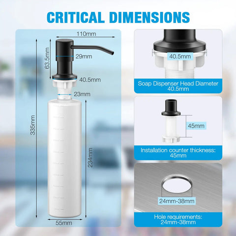 Critical dimensions of Matte Black Stainless Steel Kitchen Sink Soap Dispenser Pump With 17 Oz Refill Bottle