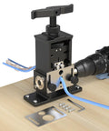 Professional Adjustable Wire Stripper Machine featuring zero hassle setup with drill and interchangeable plates on wooden surface.