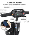 Mobility scooter control panel in black with key switch, battery gauge, speed knob, horn, headlight, USB port