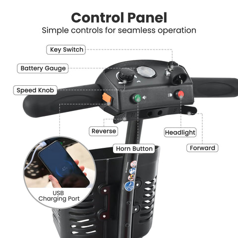 Mobility scooter control panel in black with key switch, battery gauge, speed knob, horn, headlight, USB port