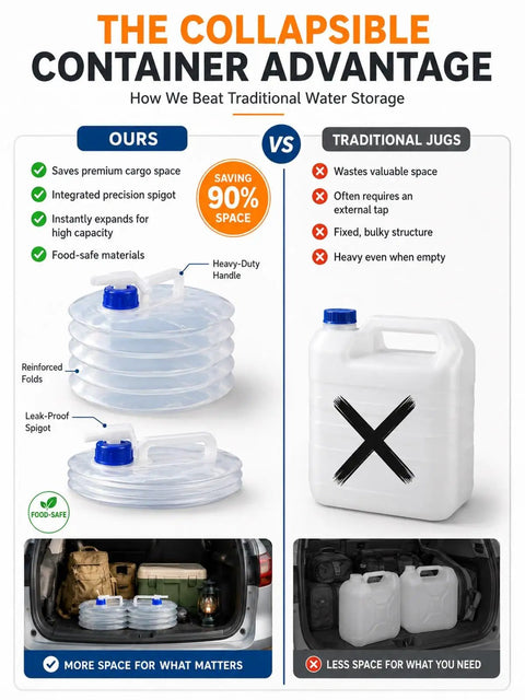 Collapsible Water Tank With Spigot For Camping And Road Trips shown with comparison to traditional jugs, highlighting space-saving design.