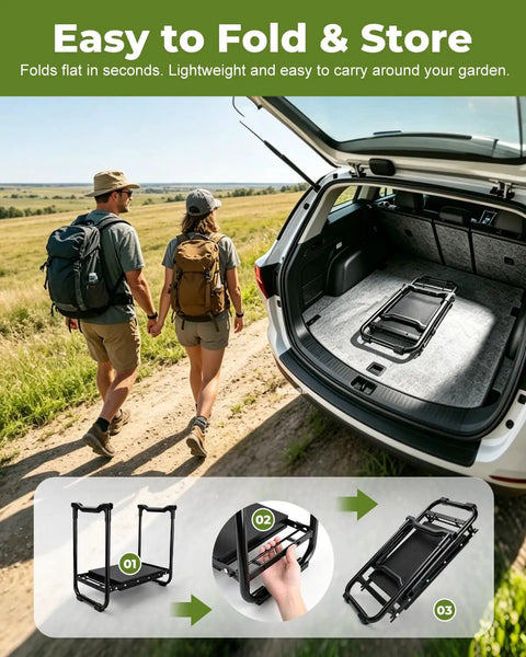 Garden Stool And Kneeler 7 Piece Set folded in car trunk, with hikers walking, demonstrating easy portability and storage.