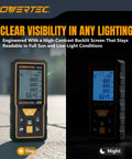 Straight Shooter Laser Measure 165 Ft Range Digital Distance Meter With Smart Angle Sensor and Bright Backlit Screen showing readability in sunlight and low-light.