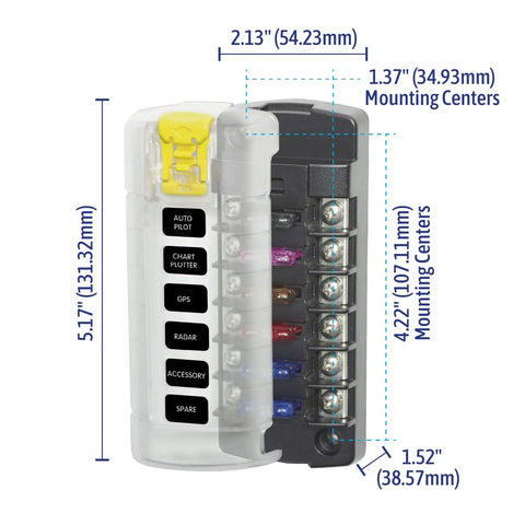 Dimensional view of Beefy Six Independent Blade Fuse Block With Insulating Cover For Boats And RVs, 100 Amp Total Capacity.