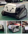 Remote-Controlled Tracked Lawn Mowing Robot With Adjustable Cutting Height in a warehouse