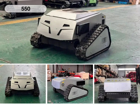 Remote-Controlled Tracked Lawn Mowing Robot With Adjustable Cutting Height in a warehouse