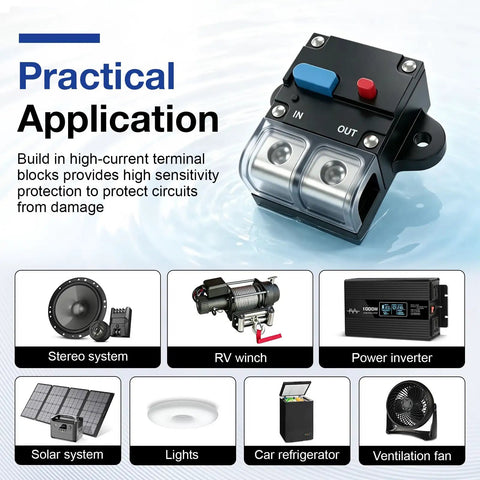 Heavy Duty 50 Amp Circuit Breaker With Manual Reset Switch 12 To 48 Volt Dc Overload Protection Battery Disconnect Switch installed for RV and marine applications.