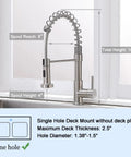 Brushed Nickel Kitchen Faucet With Pull Down Sprayer, Heavy Duty Commercial Style, 16-inch height, 8-inch reach, single handle