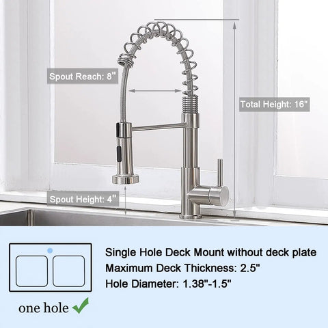 Brushed Nickel Kitchen Faucet With Pull Down Sprayer, Heavy Duty Commercial Style, 16-inch height, 8-inch reach, single handle