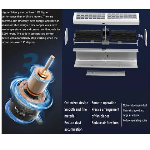 Heavy Duty Wall Mount Air Curtain With Dual Speed Remote Fast Hot And Cold Airflow interior components with optimized motor and airflow design.