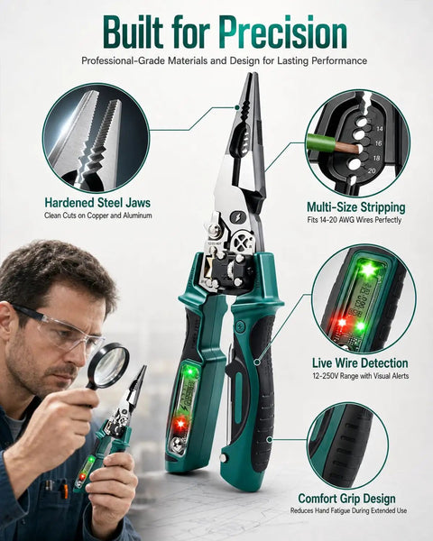 4 In 1 Wire Stripping Pliers With LCD Voltage Display, Heavy Duty Steel Workhorse Multitool For Electricians, Foldable Cable Cutter, Crimping, Cutting And Wire Testing, 12 To 250V shown with steel jaws