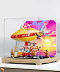 Clear Acrylic Display Case for Lego 80046 Airships Set, Dustproof Collectible Showcase with colorful backdrop, cube design.