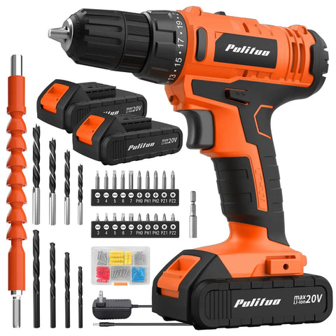20V Cordless Drill Driver With Dual Batteries, 30Nm Torque, 21 Plus 1 Clutch, Two Speed Settings, Three Eighth Inch Keyless Chuck, Built In LED Light, Home DIY Power Drill Kit Orange with accessories