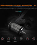 E4990 Sensored Brushless Motor for RC Cars 1650KV showing design features and specs for high performance, IP67 rating visible