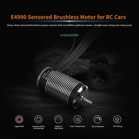 E4990 Sensored Brushless Motor for RC Cars 1650KV showing design features and specs for high performance, IP67 rating visible