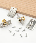 Two Pack Adjustable Ball Door Catches for Internal and Closet Doors, Near Silent Close Latch Hardware with screws shown