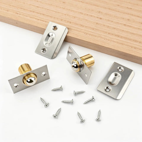 Two Pack Adjustable Ball Door Catches for Internal and Closet Doors, Near Silent Close Latch Hardware with screws shown