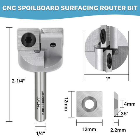 Heavy Duty Cnc Spoilboard Surfacing Router Bit Featuring Quick Swap Two Flute Cutters And One Quarter Inch Shank, 1in cut, 2-1/4in body.