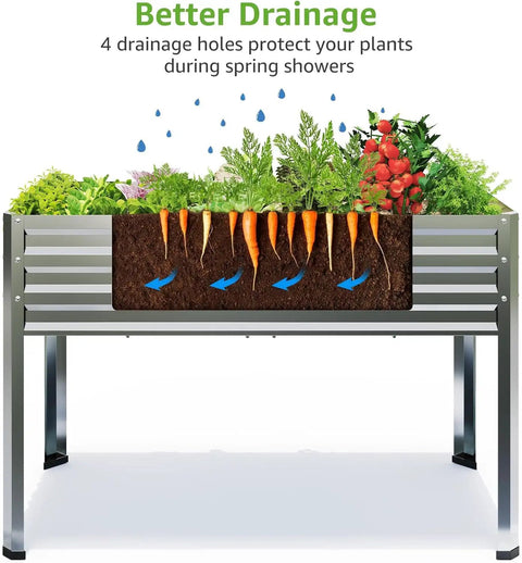 Two Pack Galvanized Raised Garden Bed With Legs For Easy No Bending Gardening showing drainage and planted vegetables