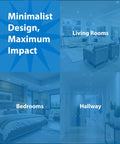 Minimalist design showcasing living rooms, bedrooms, and hallways illuminated by recessed ceiling lights.