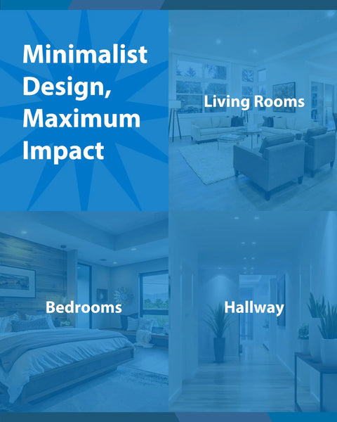 Minimalist design showcasing living rooms, bedrooms, and hallways illuminated by recessed ceiling lights.