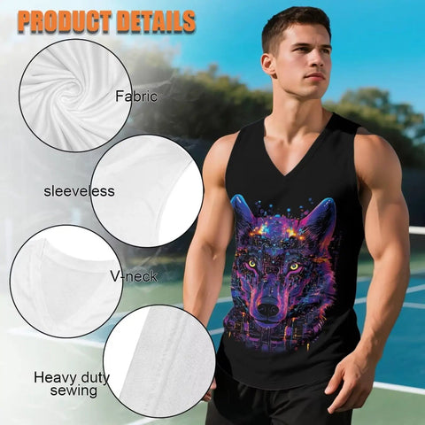 Dope Men's Graphic Tank Top Sleeveless V Neck Shirt with vibrant wolf design, lightweight quick dry fabric for workouts.