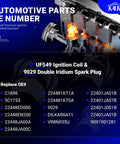 Diagram of automotive parts highlighting UF549 Ignition Coil & 9029 Double Iridium Spark Plug replacement options