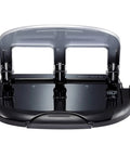 Top view of EZ Squeeze Three Hole Punch With No Jam Technology Pushing Through 40 Sheets Effortlessly For Home Office Use, black and silver.