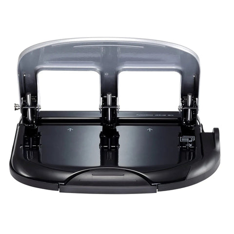 Top view of EZ Squeeze Three Hole Punch With No Jam Technology Pushing Through 40 Sheets Effortlessly For Home Office Use, black and silver.
